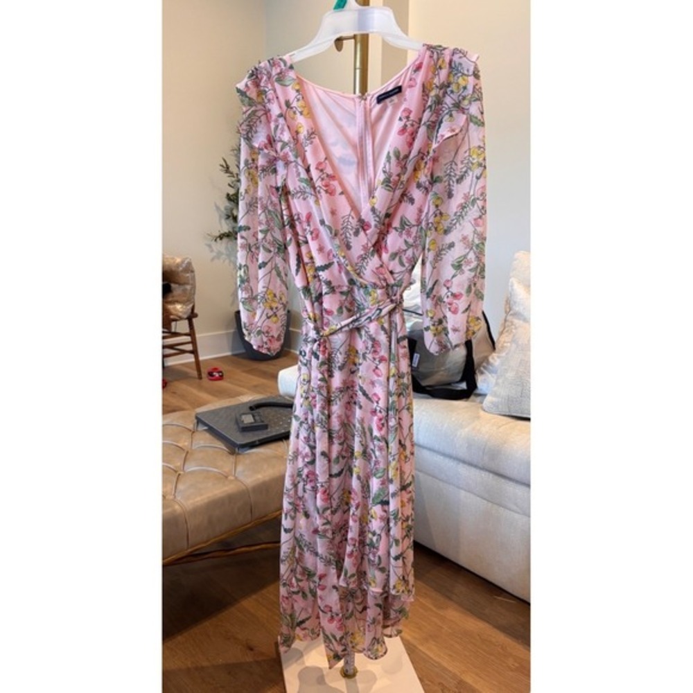 Tommy Hilfiger Pink Floral Chiffon Wrap‎ Midi Dress Ruffles- Size 12-Easter
